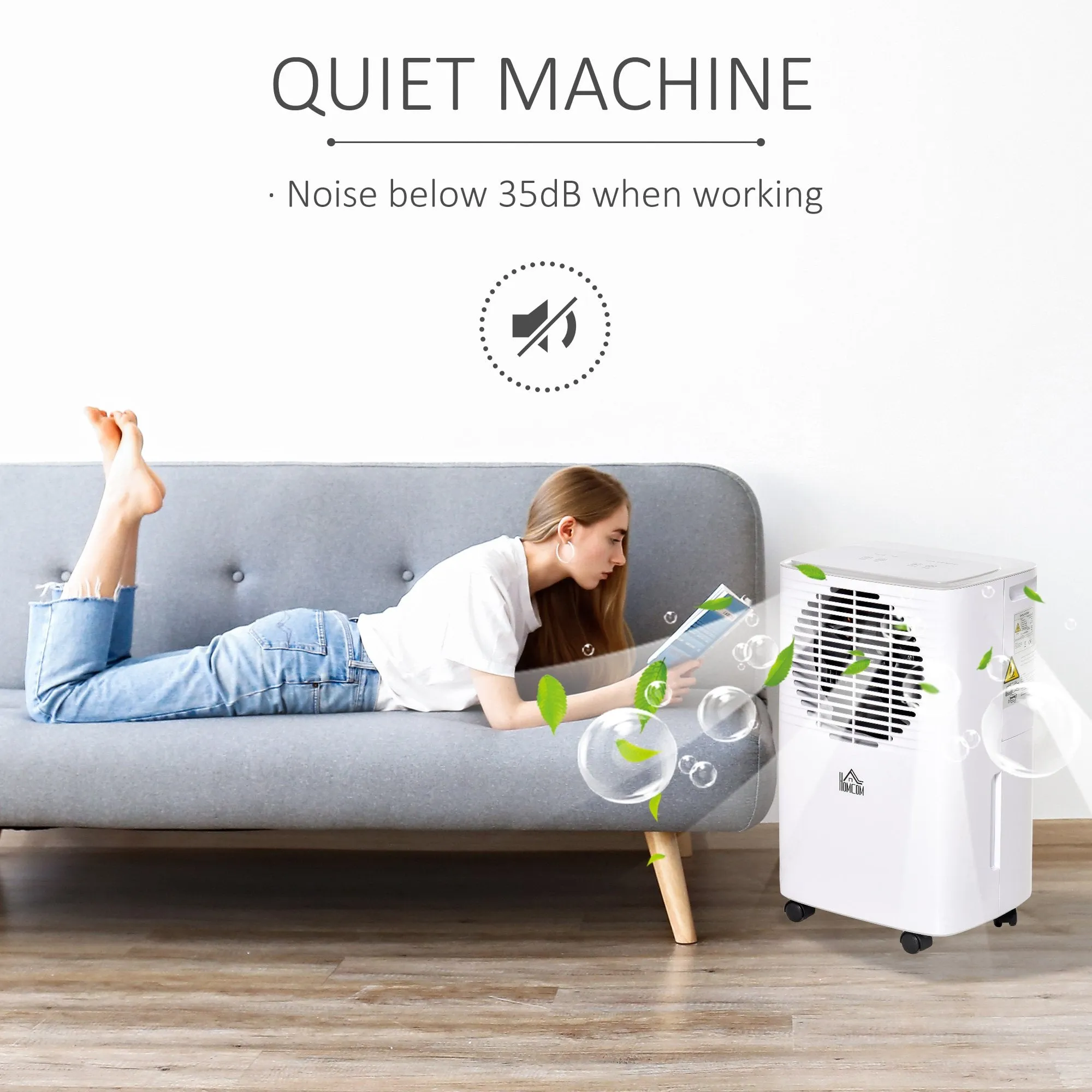 Portable Dehumidifier with Humidity Display, 2 Speed Modes, Continuous Drainage and 24 Hour Timer for Bedroom, Living Room Silent Moisture White