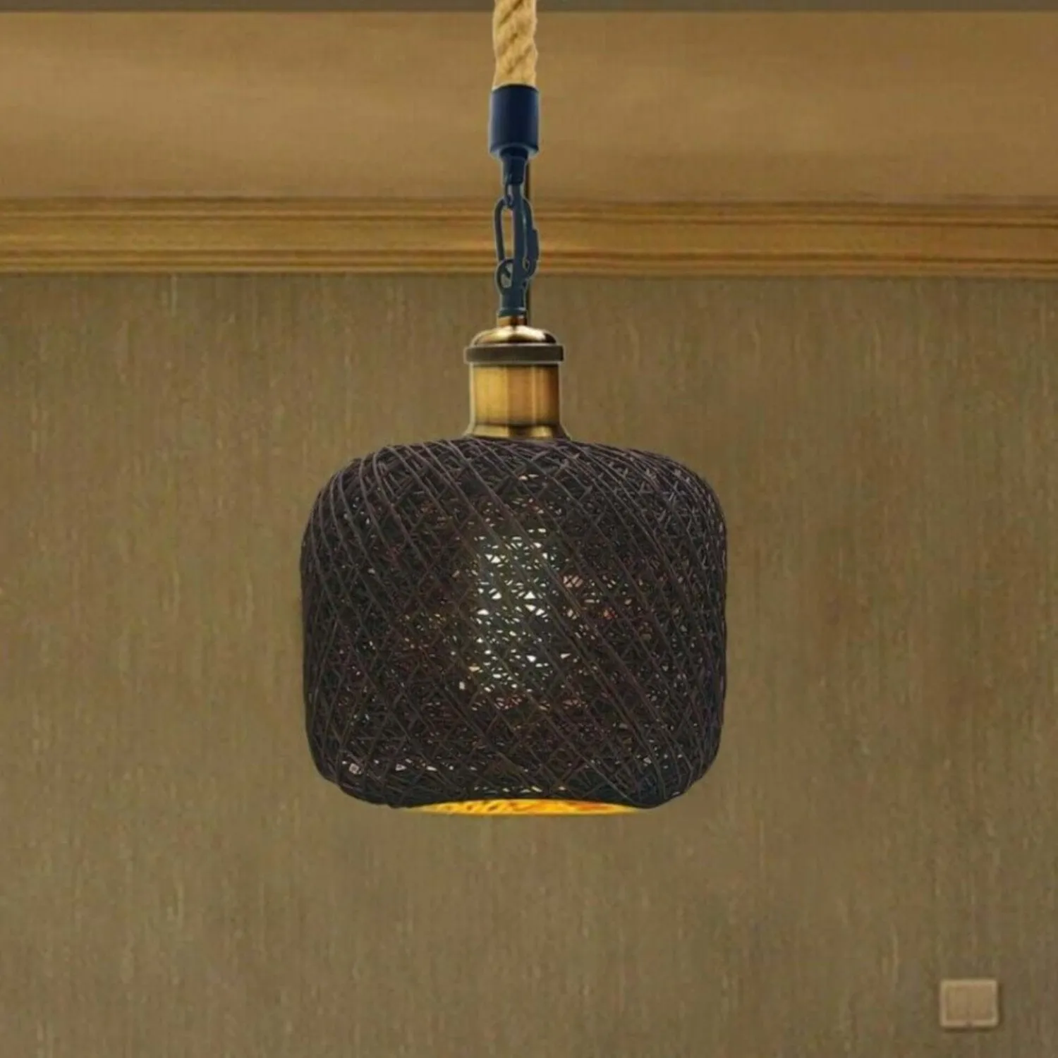 Rattan Ceiling Light Lamp Hanging Hemp Rope