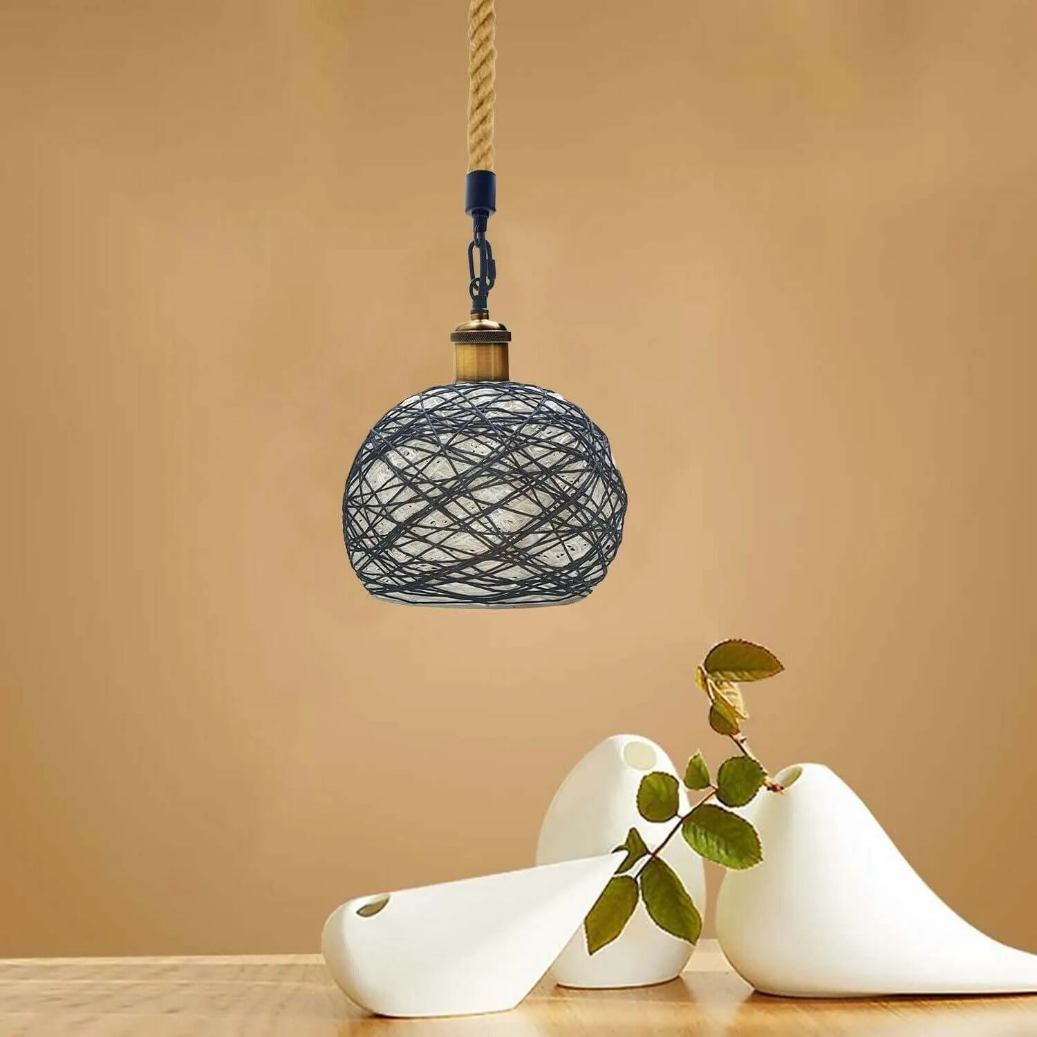 Rattan Ceiling Light Lamp Hanging Hemp Rope