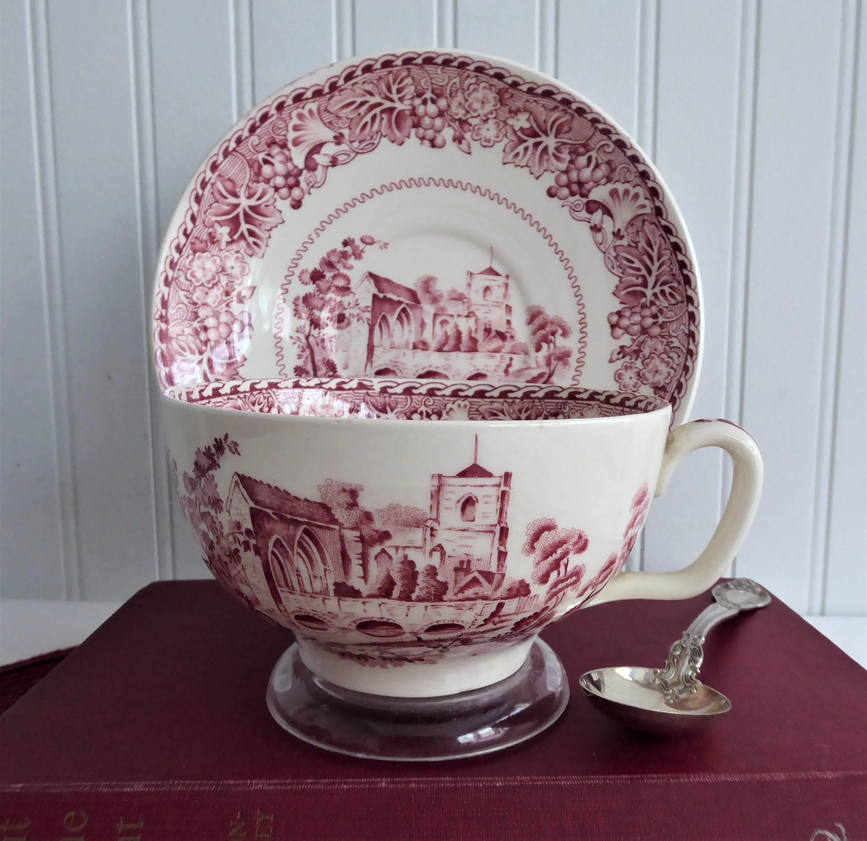 Red Transferware Breakfast Size Cup And Saucer 1930s Woods Waltham Abbeys Rare