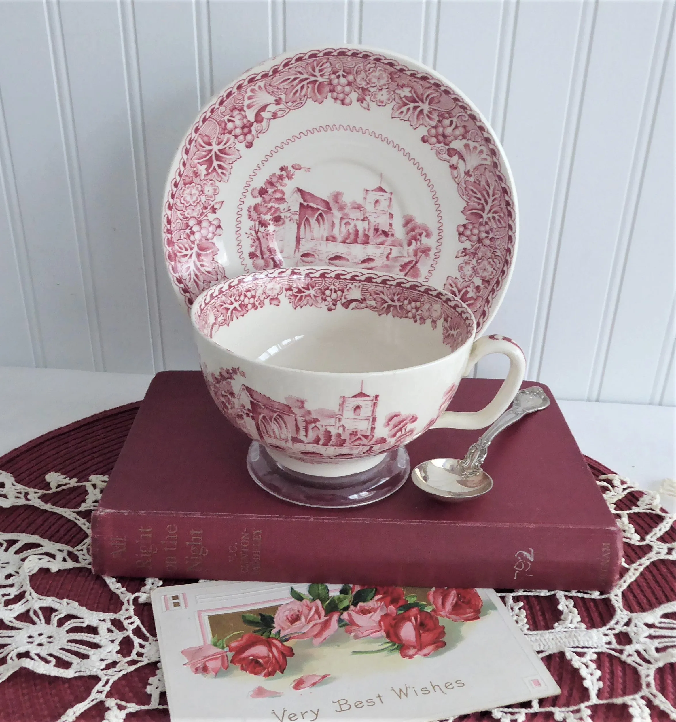 Red Transferware Breakfast Size Cup And Saucer 1930s Woods Waltham Abbeys Rare