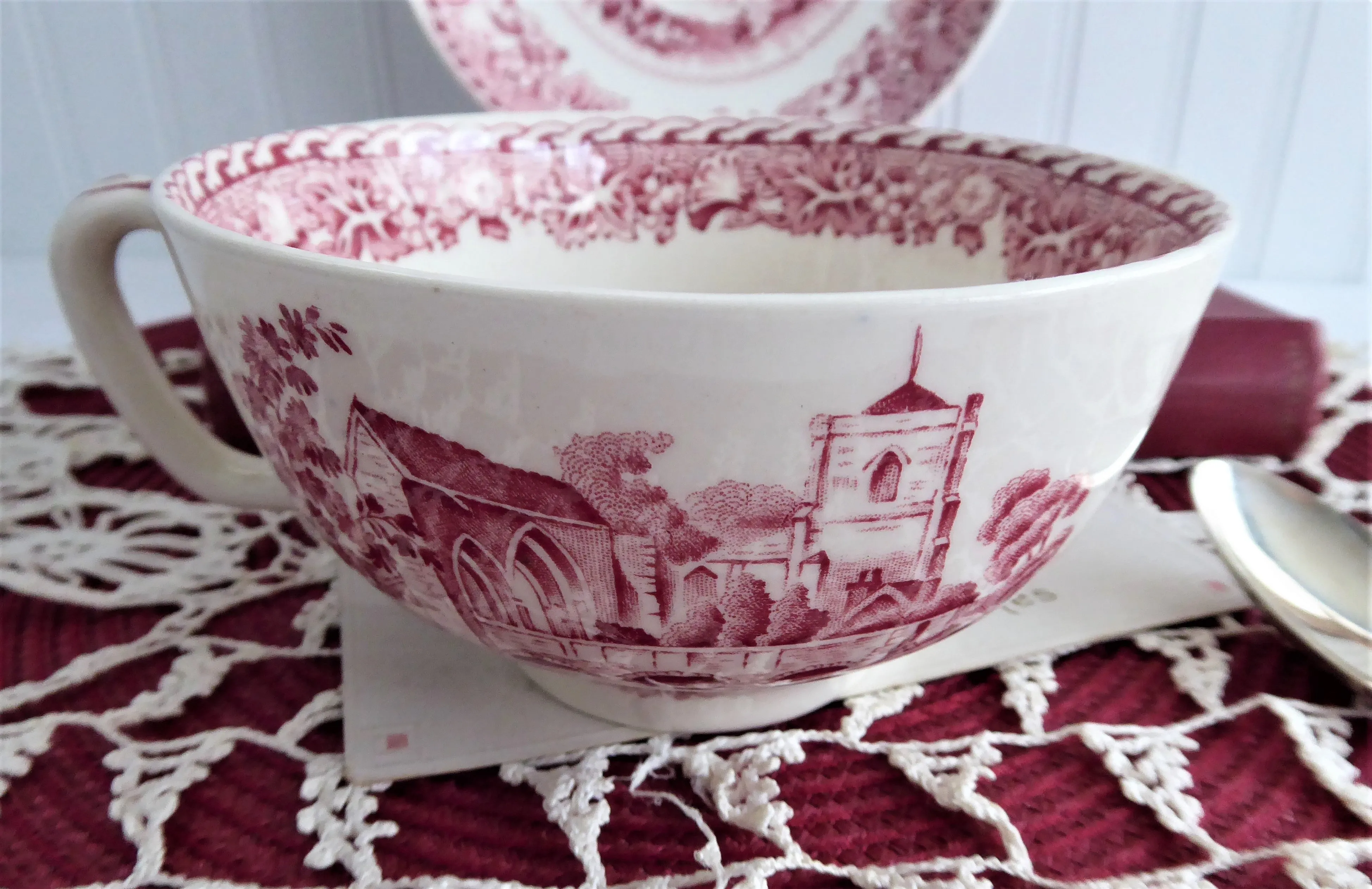 Red Transferware Breakfast Size Cup And Saucer 1930s Woods Waltham Abbeys Rare