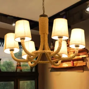 Rustic 6-Light Conical Fabric Chandelier with Beige Rope - Perfect for Dining Rooms