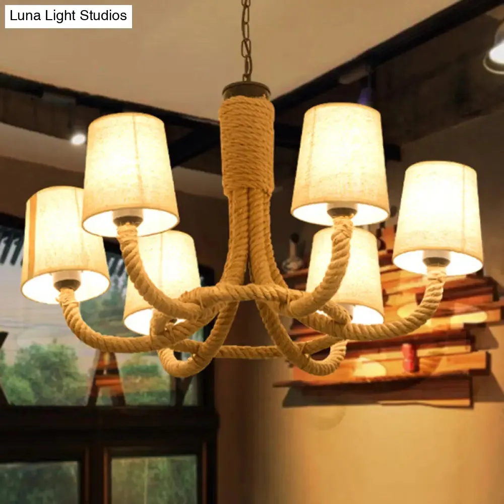 Rustic 6-Light Conical Fabric Chandelier with Beige Rope - Perfect for Dining Rooms