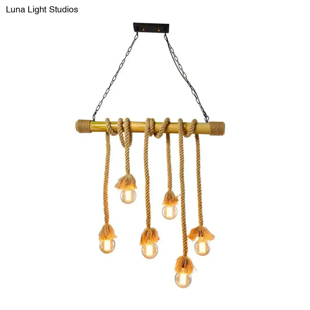 Rustic Bamboo Hanging Lamp with Bare Bulb Design - Dining Room Island Light in Brown