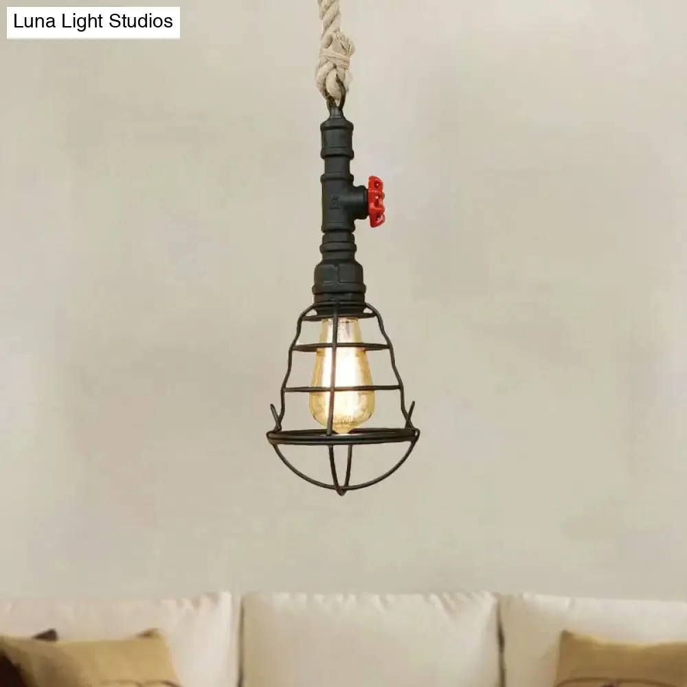 Rustic Caged Pendant Light - Black Metal Hanging Light with Pipe & Rope Cord - Ideal for Bars