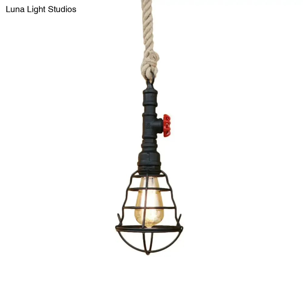 Rustic Caged Pendant Light - Black Metal Hanging Light with Pipe & Rope Cord - Ideal for Bars