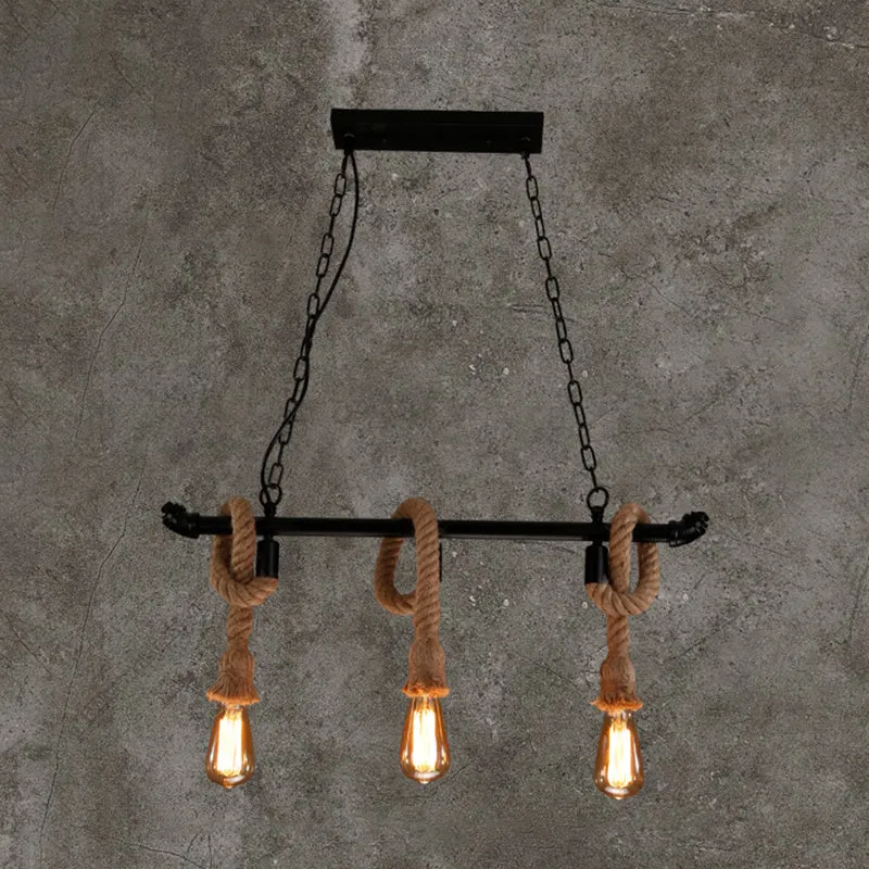 Rustic Metallic Water Pipe Hanging Lamp with Hemp Rope - Black Restaurant Chandelier