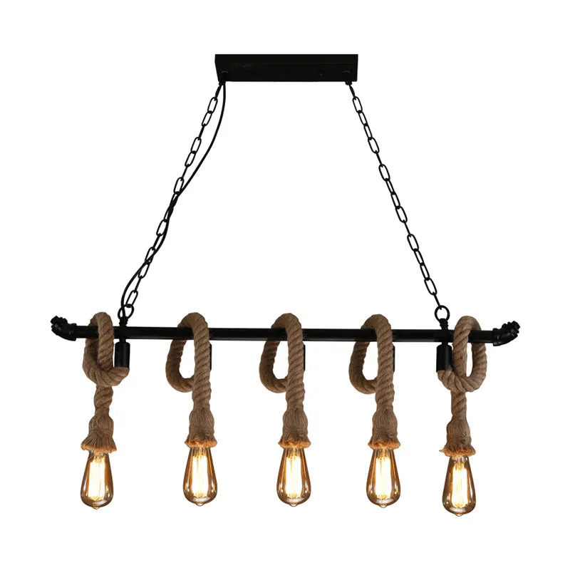 Rustic Metallic Water Pipe Hanging Lamp with Hemp Rope - Black Restaurant Chandelier