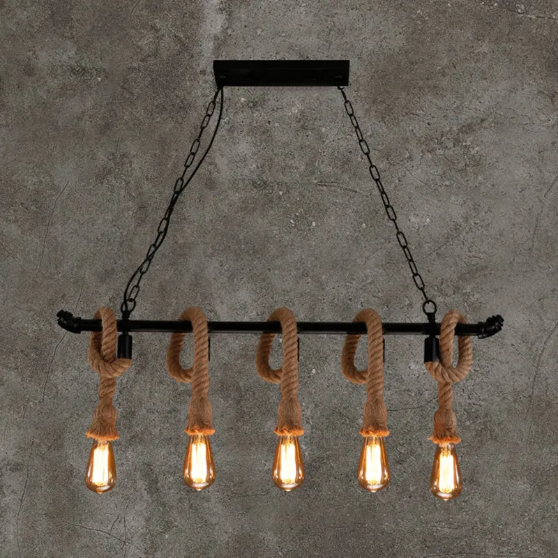 Rustic Metallic Water Pipe Hanging Lamp with Hemp Rope - Black Restaurant Chandelier