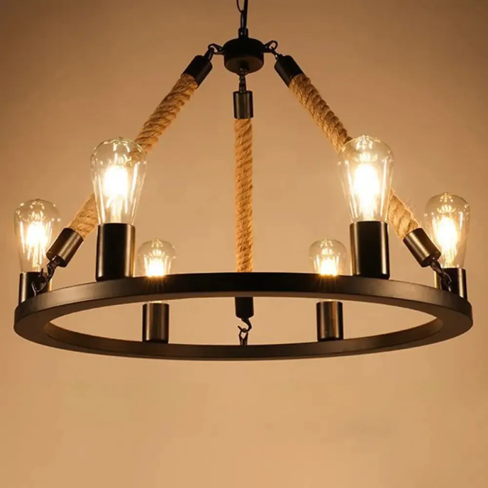 Rustic Rope Chandelier with Circular Black Metal Design and Exposed Bulbs