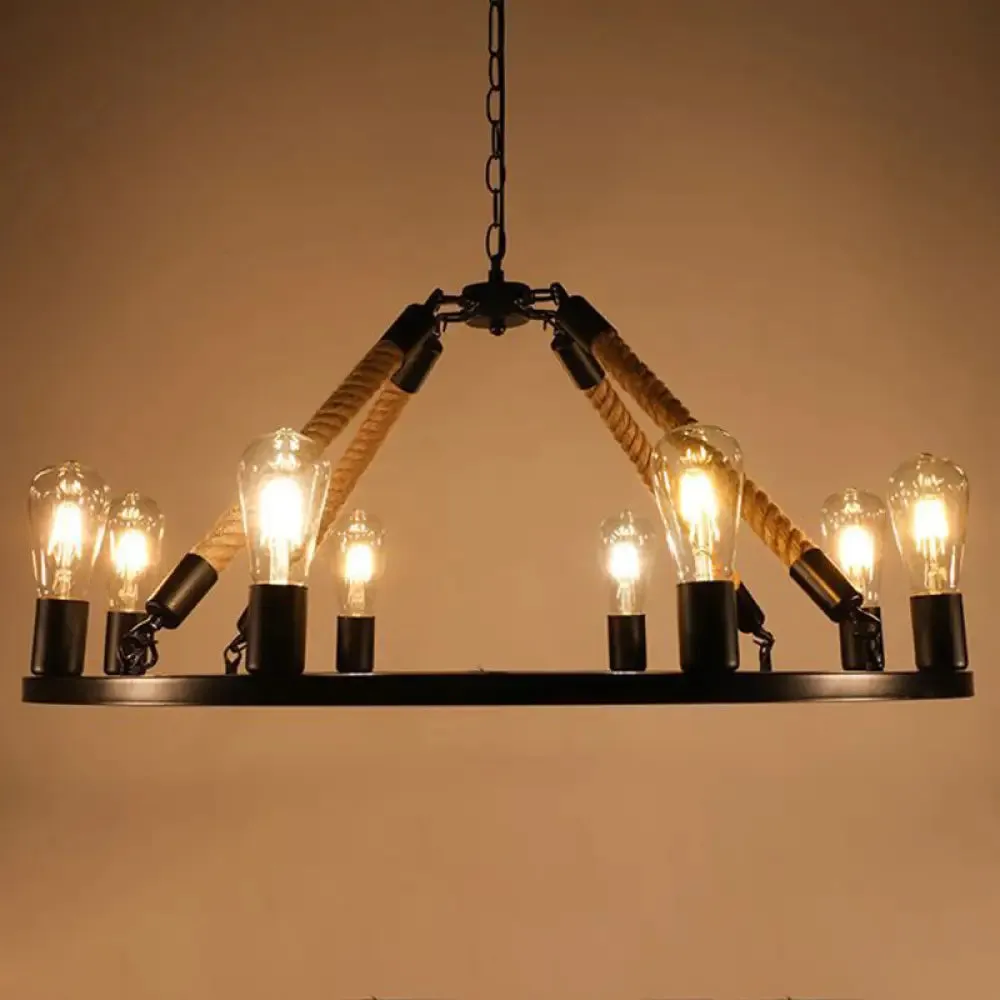 Rustic Rope Chandelier with Circular Black Metal Design and Exposed Bulbs