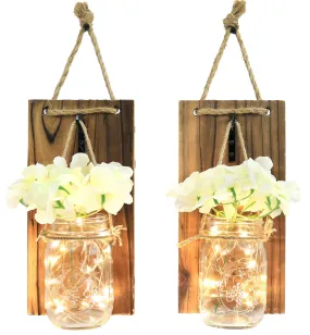 Rustic Style Wall Mounted Mason Jar Sconce With Faux Flower And Led Strip Lights