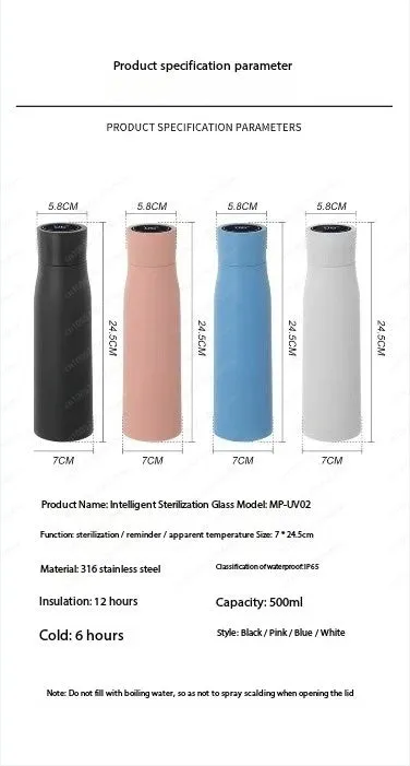 Self-Cleaning UV Water Bottle – 500ML Insulated Flask