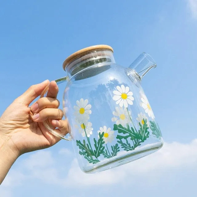 Shoppu Cafe Daisy Flower Print Glass Water Bottle & Cup