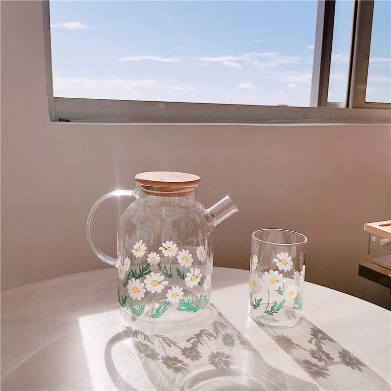 Shoppu Cafe Daisy Flower Print Glass Water Bottle & Cup