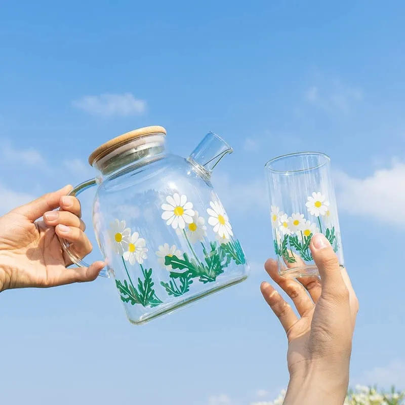 Shoppu Cafe Daisy Flower Print Glass Water Bottle & Cup