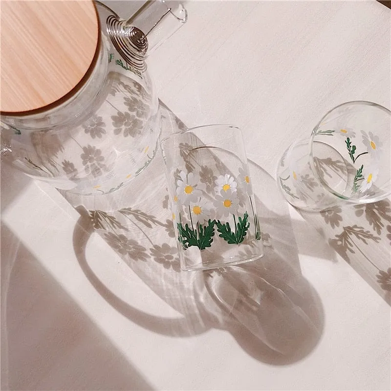 Shoppu Cafe Daisy Flower Print Glass Water Bottle & Cup