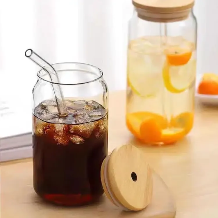 SKDBPM Glass Tumbler with Bamboo Lid and Glass Straw Glass Reusable Coffee Sipper Mug Clear Drinking Cup for Juice, Iced Tea Adults & Girls (Can with Wooden Lid)(Pack of 1-500ML)