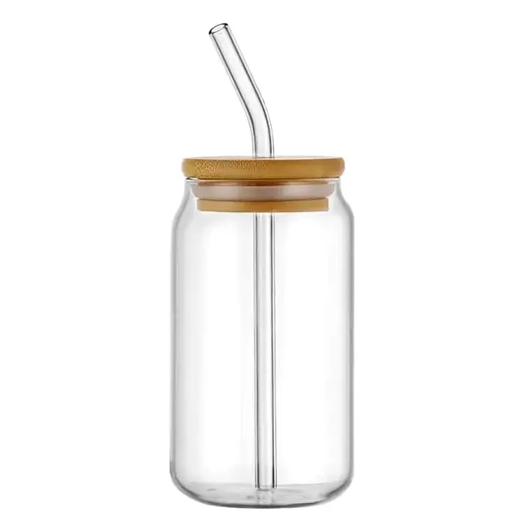 SKDBPM Glass Tumbler with Bamboo Lid and Glass Straw Glass Reusable Coffee Sipper Mug Clear Drinking Cup for Juice, Iced Tea Adults & Girls (Can with Wooden Lid)(Pack of 1-500ML)