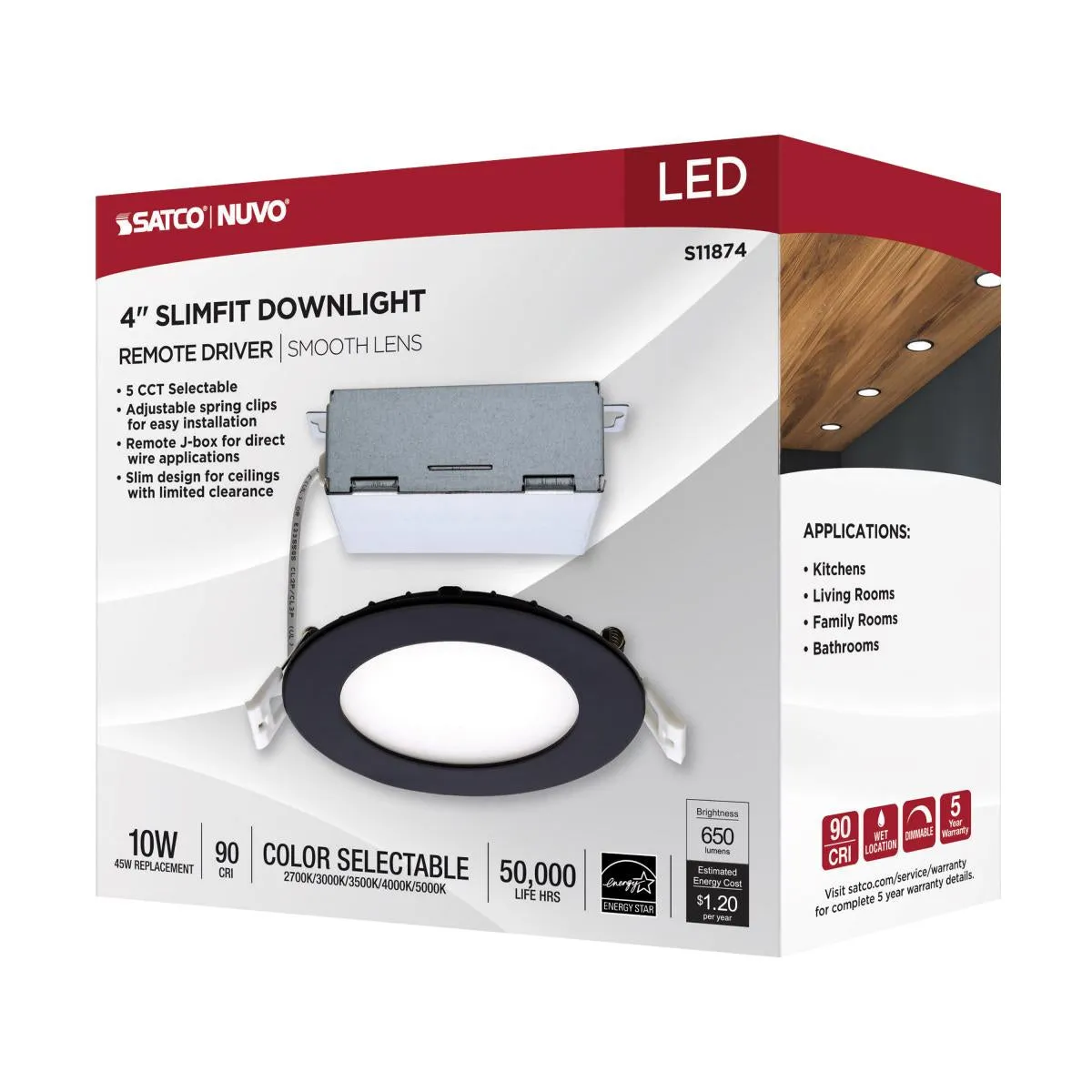 Slim Fit 4 Inch Round Canless LED Recessed Light, 700 Lm, 27K|30K|35K|40K|50K, Black Finish