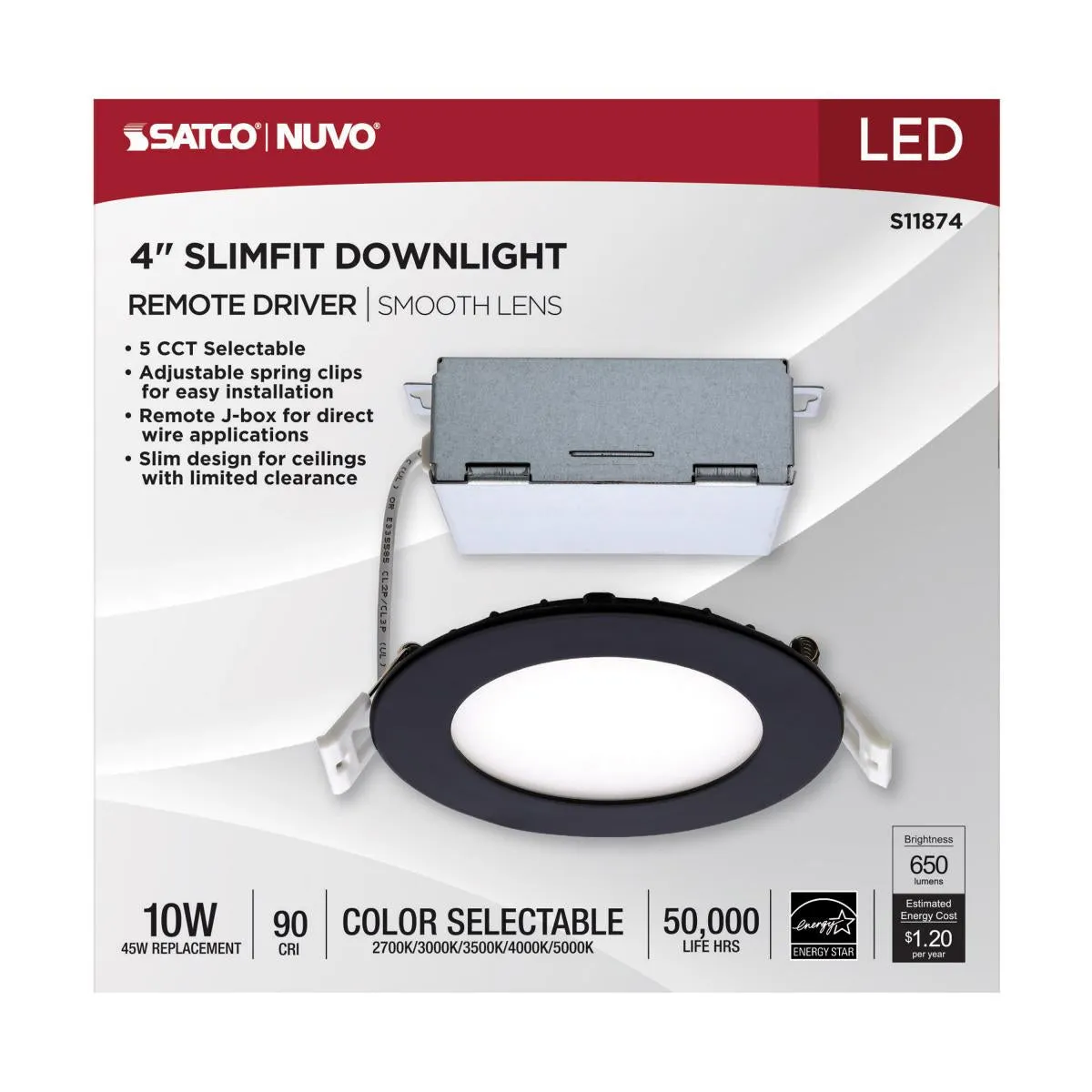 Slim Fit 4 Inch Round Canless LED Recessed Light, 700 Lm, 27K|30K|35K|40K|50K, Black Finish