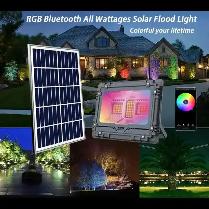 Solar LED Flood Light 60W Waterproof Garden Light for Wall, Patio with LED Bluetooth Music Rhythm (Renewed)