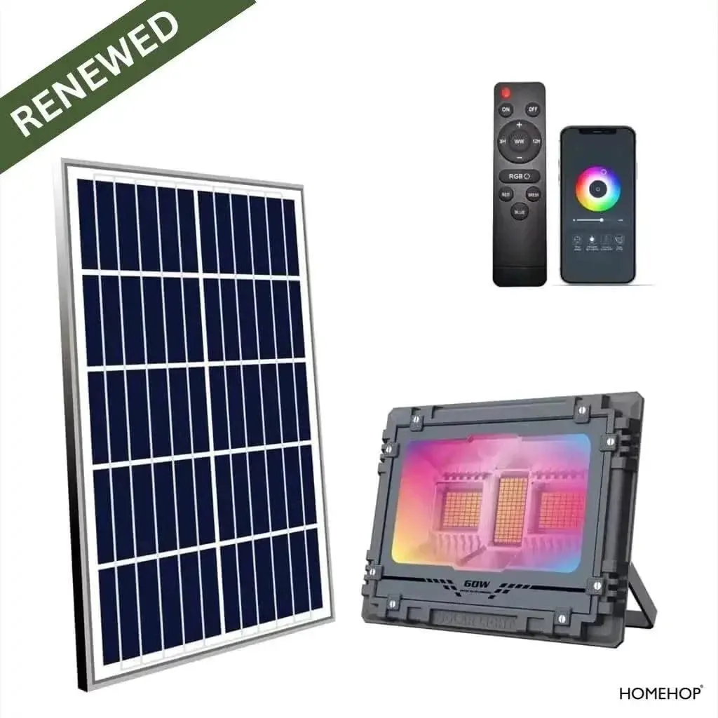 Solar LED Flood Light 60W Waterproof Garden Light for Wall, Patio with LED Bluetooth Music Rhythm (Renewed)