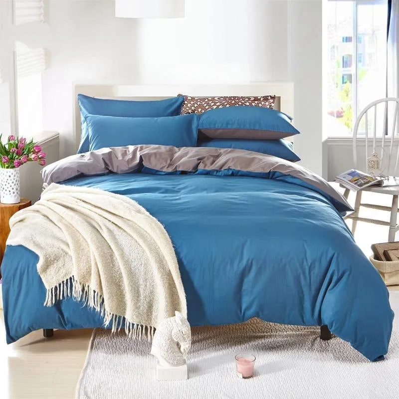 Solid Royal Blue and Gray Color Blocking Cotton Luxury 4-Piece Bedding Sets/Duvet Cover