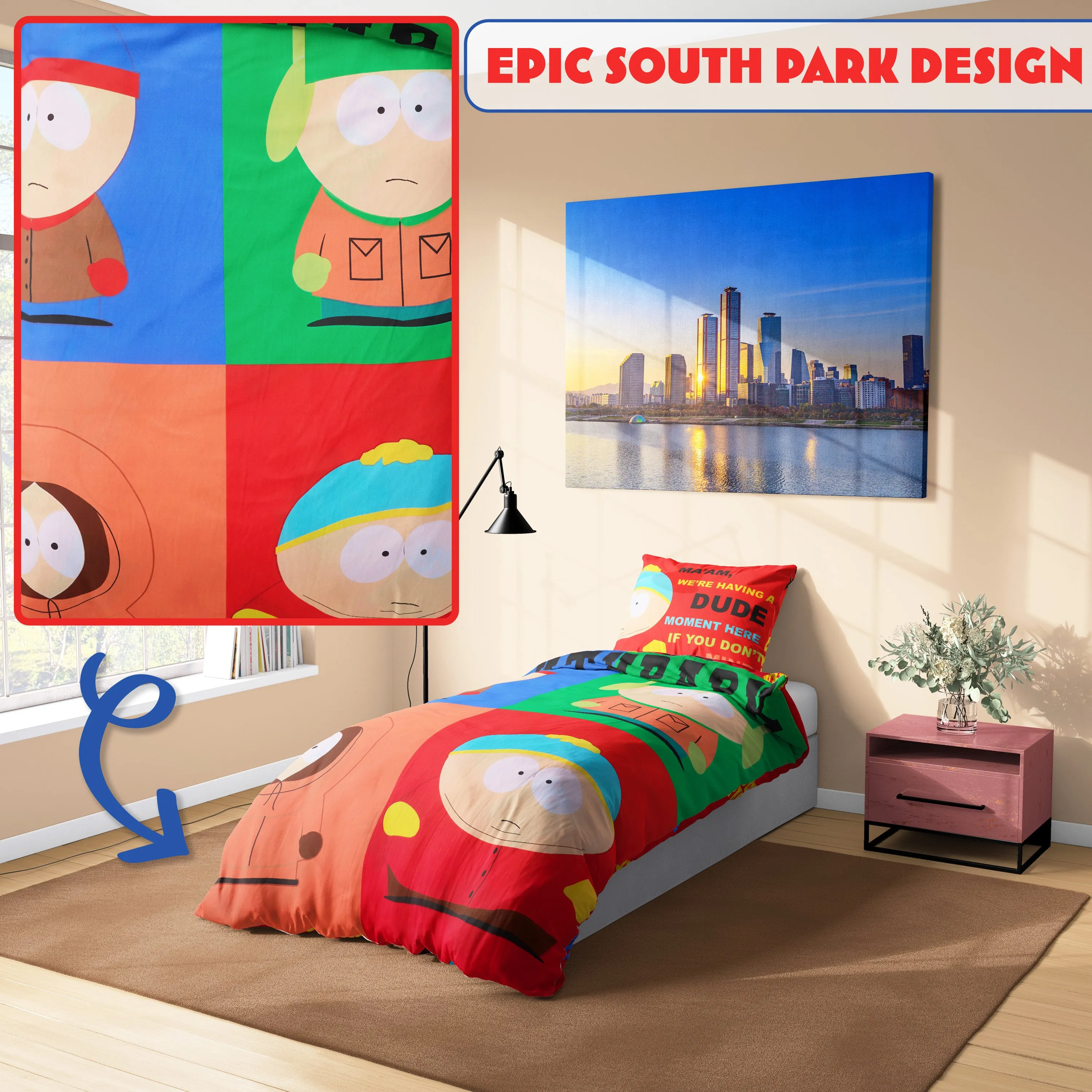 South Park Bedding Set Duvet Cover & Pillowcase for Men Bedroom Accessories Single or Double Duvet, Gifts for Him (Multi Single)