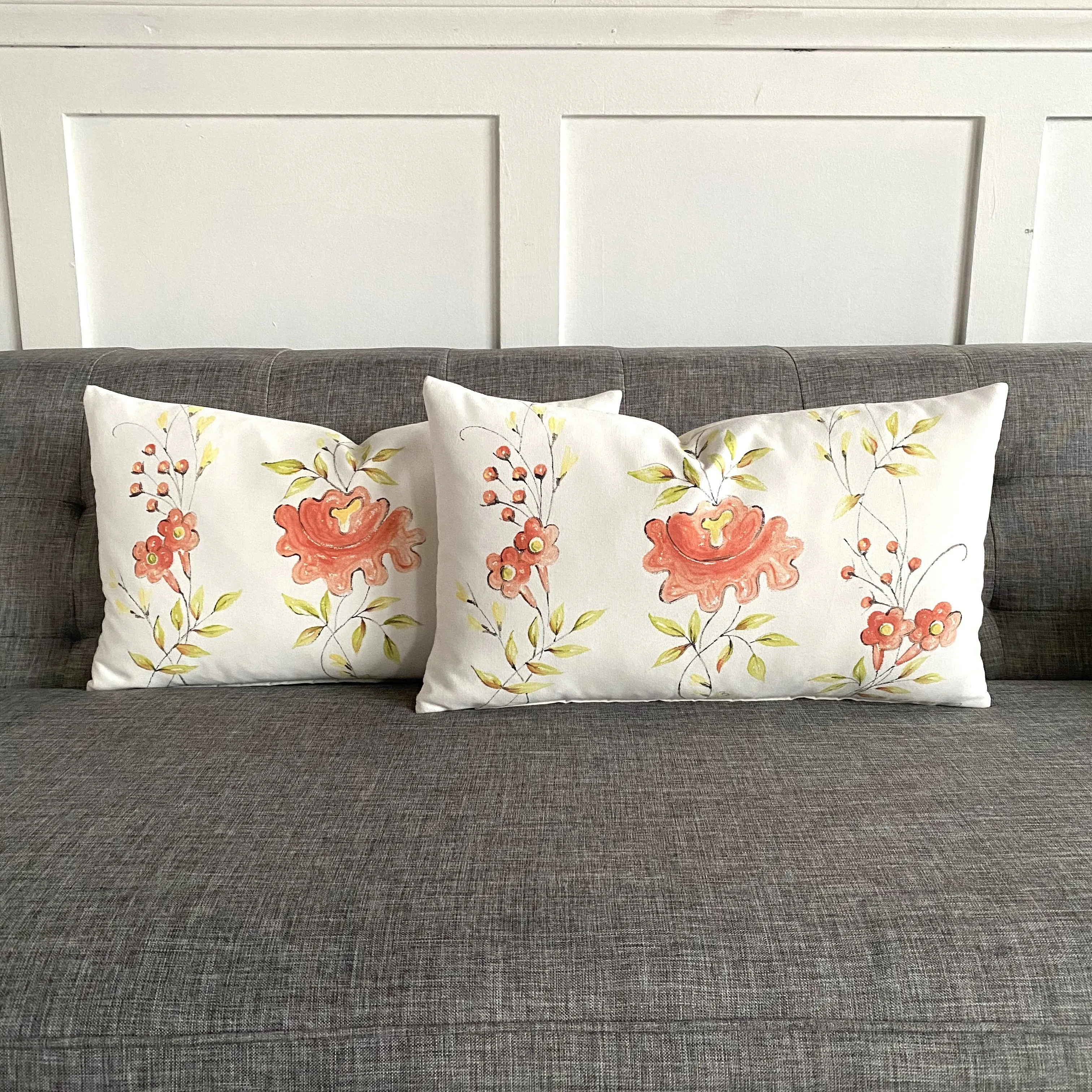 Spring Hand-Painted Floral Lumbar Pillow Cover 13x22