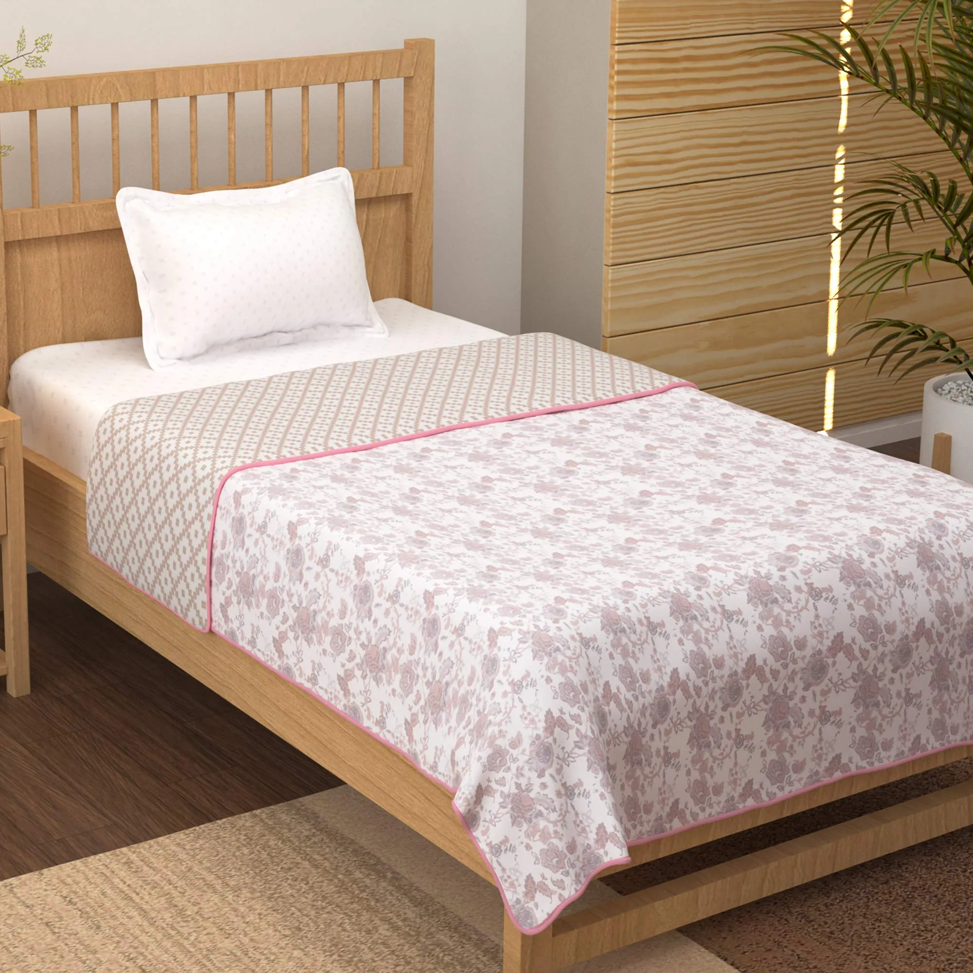 Story@Home Dohar Single Bed Cotton, Blanket for Winter,100% Cotton Reversible Light Weight Dohar Single| 150GSM | 56 X 86 inch |White & Baby Pink. Ideal for All Seasons, Perfect for Winter.