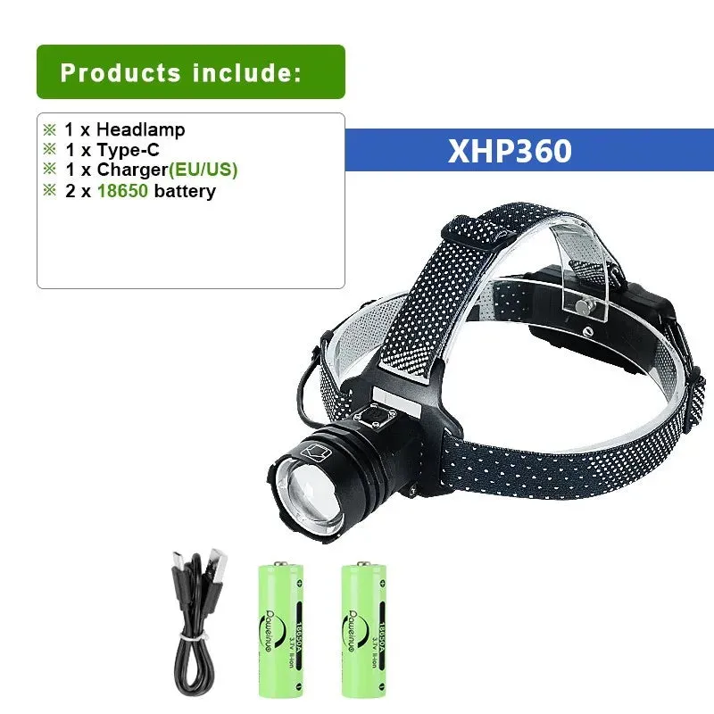 Super XHP360 Powerful Headlamp Rechargeable Head Lamp XHP160 XHP90.2 High Power Headlight Type-C Head Flashlight Fishing Lantern