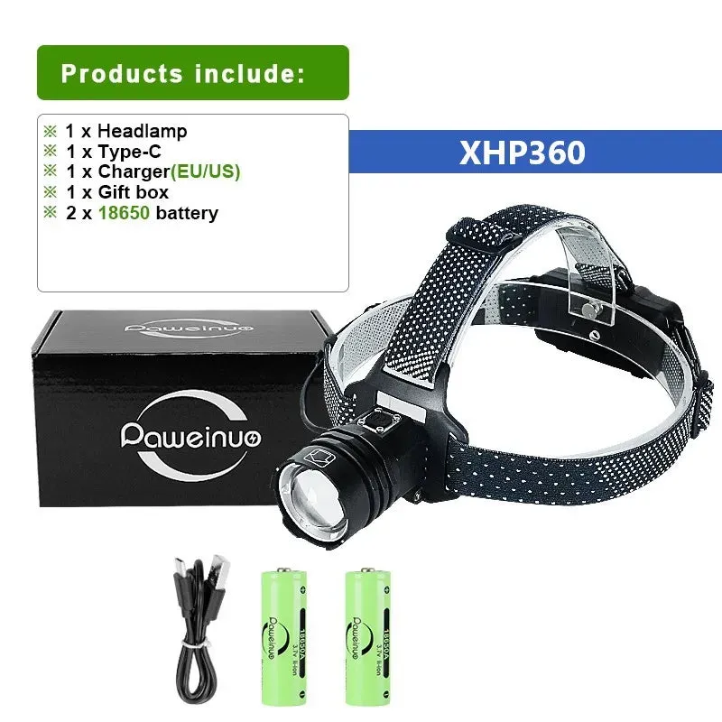 Super XHP360 Powerful Headlamp Rechargeable Head Lamp XHP160 XHP90.2 High Power Headlight Type-C Head Flashlight Fishing Lantern