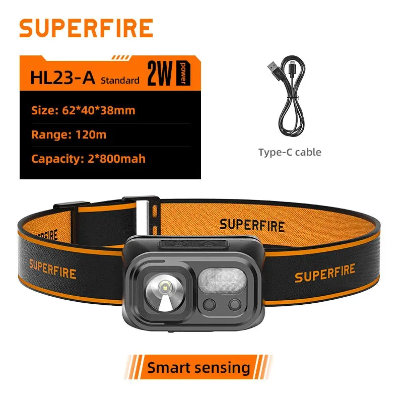 SUPERFIRE HL23 Mini Super Bright LED Headlamp Induction Headlight USB C Rechargeable Portable Head Flashlight Camping Fishing