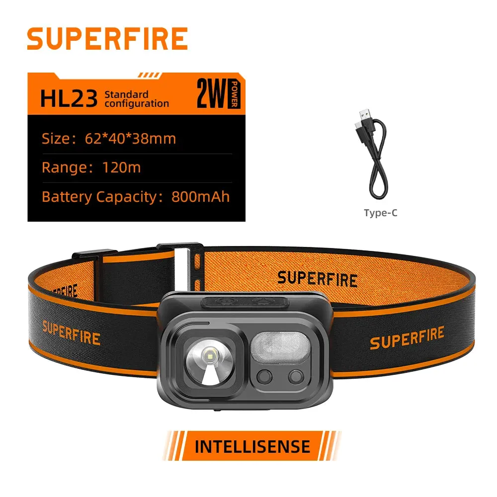 SUPERFIRE HL23 Mini Super Bright LED Headlamp Induction Headlight USB C Rechargeable Portable Head Flashlight Camping Fishing