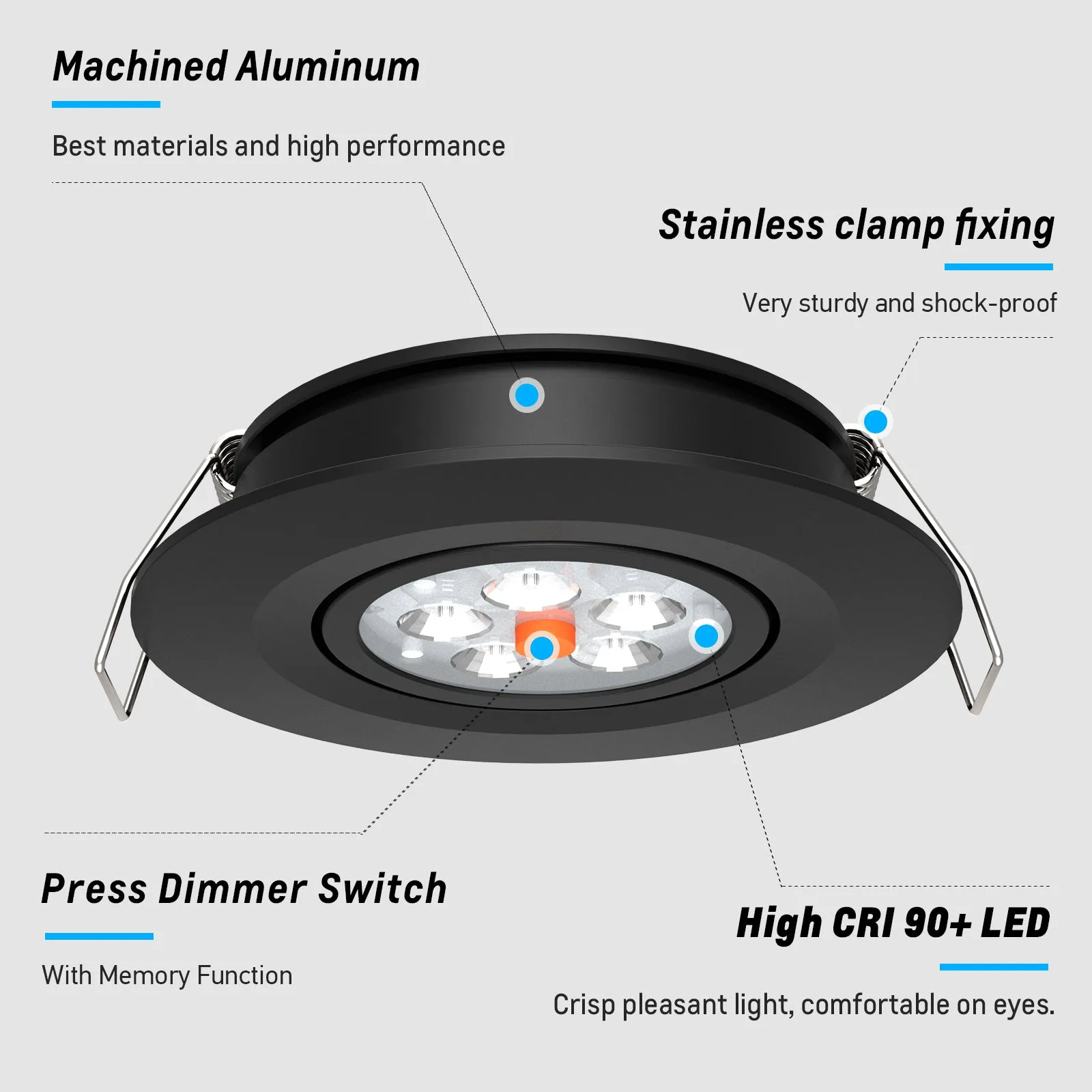 Swivel RV Light Recessed Puck Light 12V LED RV Interior Light, 36° Beam Angle Vertical 70° Adjustment,Full Aluminum Downlights,3 Inch Inbuilt Dimmer Switch & Red Nightlight, Black