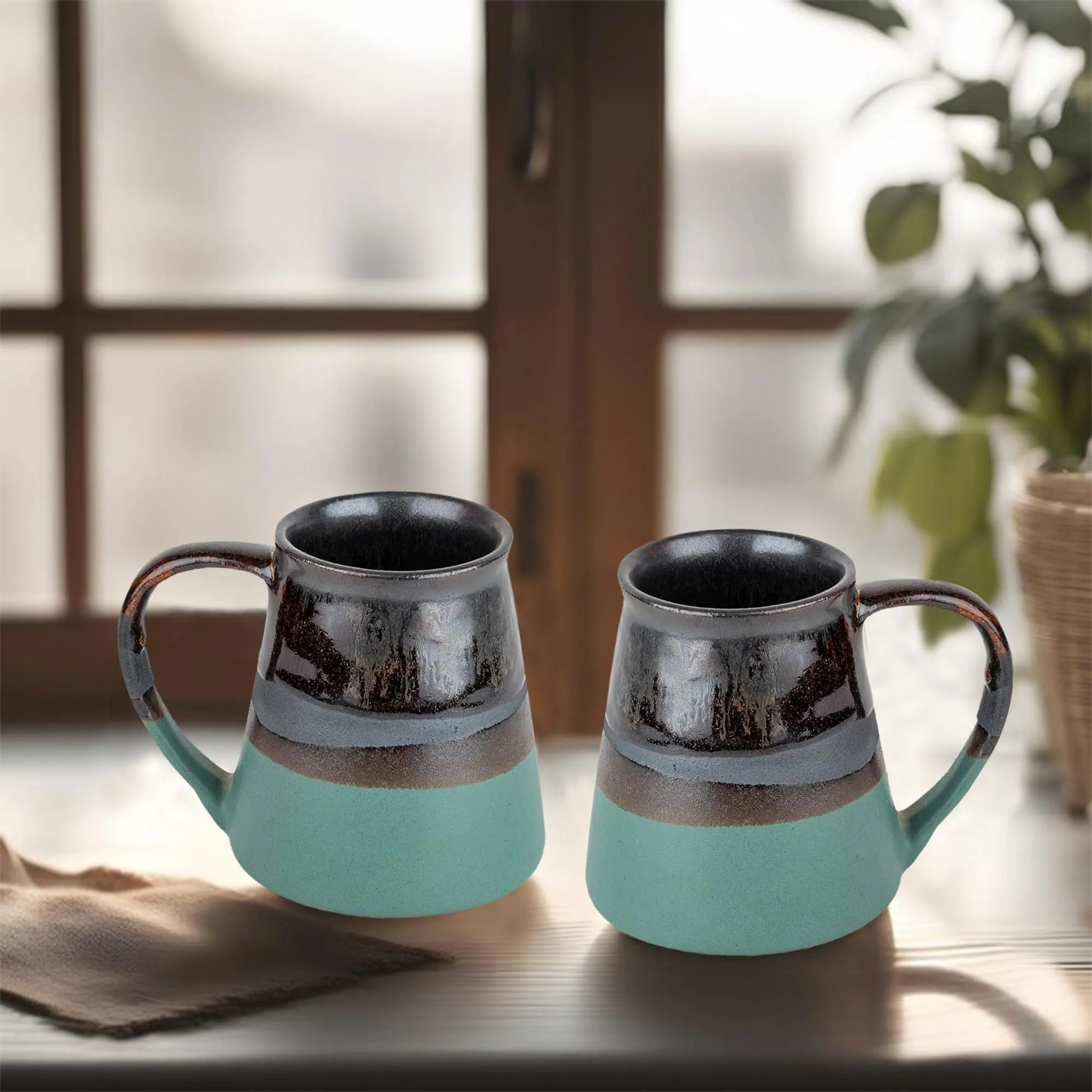 The Better Home Ceramic Tea Coffee Cup with Handles (320 ml x 2) | Microwave Safe | Scratch Resistant | Stain Proof | Glossy Finish | Gifting Set | (Pack of 2- Olive Black)