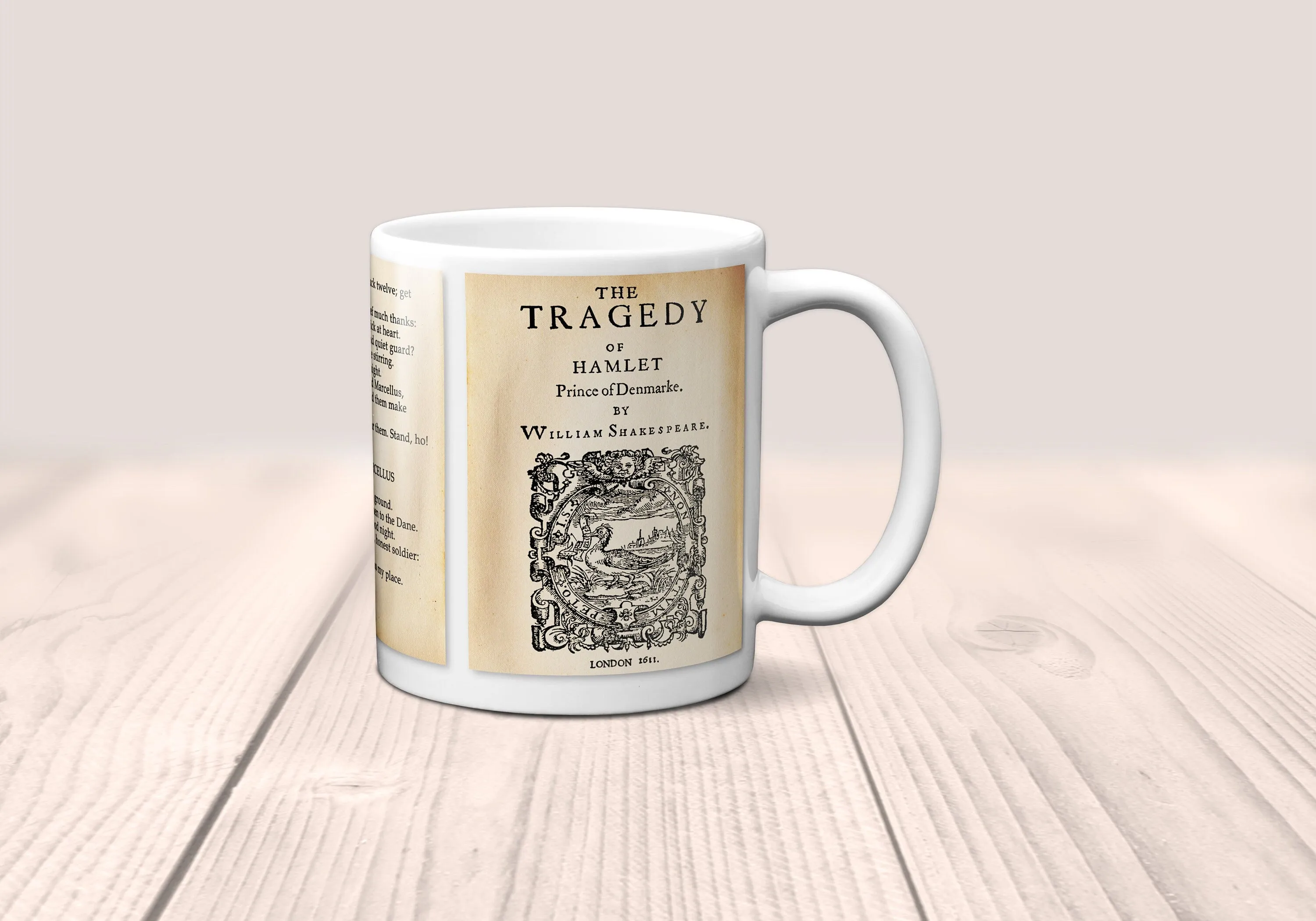 The Tragedy of Hamlet, Prince of Denmark by William Shakespeare Mug. Coffee Mug with Hamlet play Title and  Pages