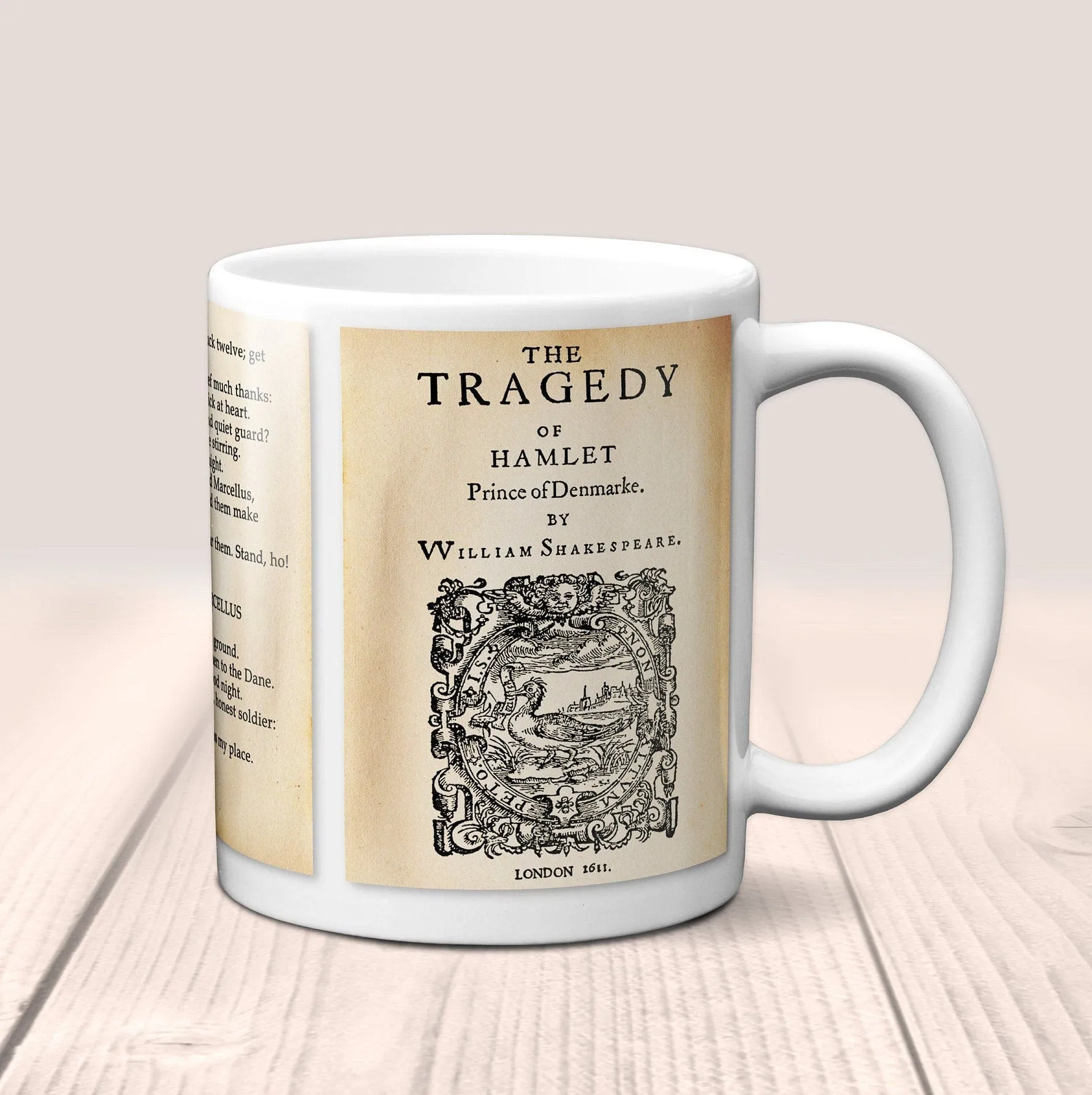 The Tragedy of Hamlet, Prince of Denmark by William Shakespeare Mug. Coffee Mug with Hamlet play Title and  Pages