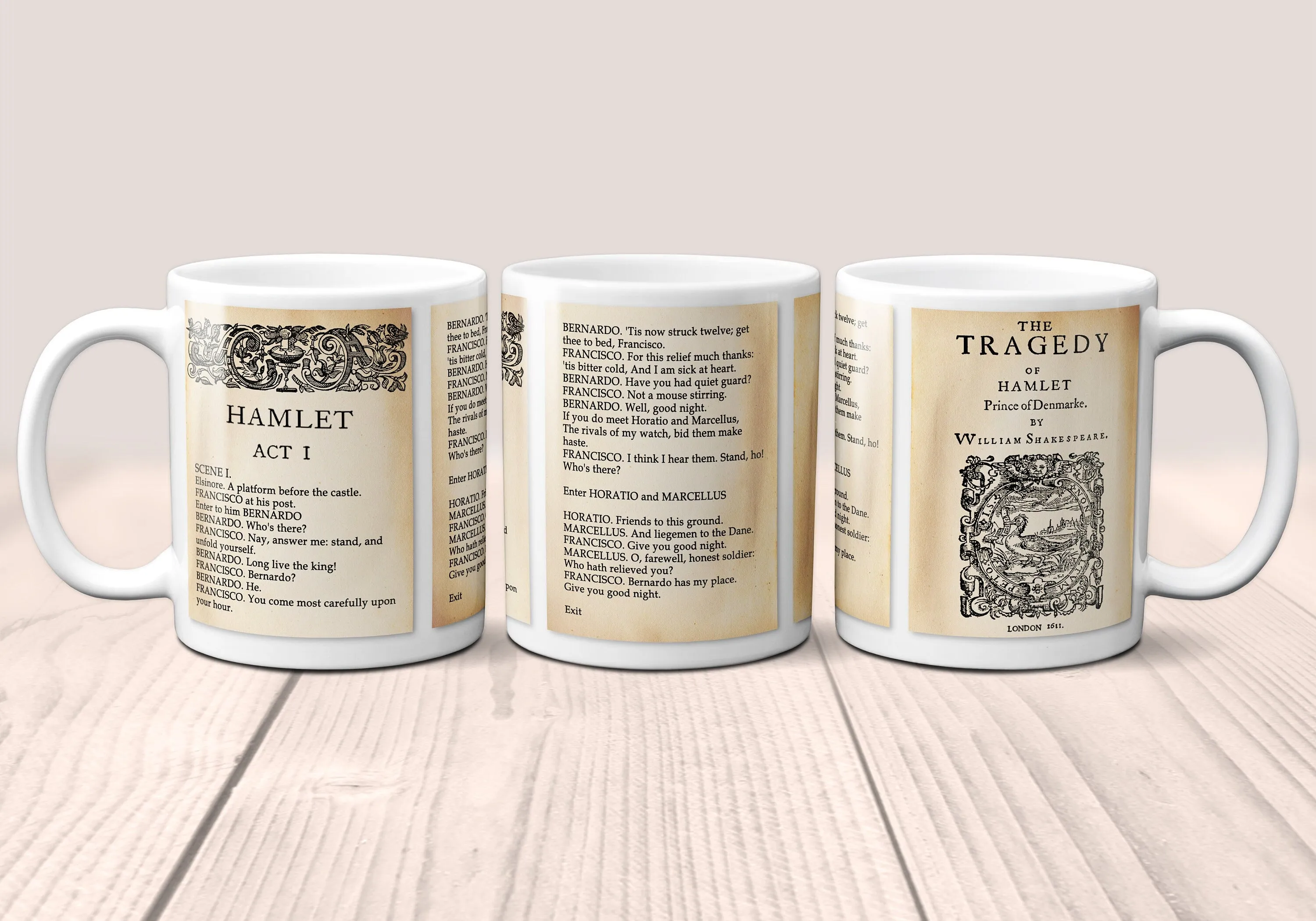 The Tragedy of Hamlet, Prince of Denmark by William Shakespeare Mug. Coffee Mug with Hamlet play Title and  Pages