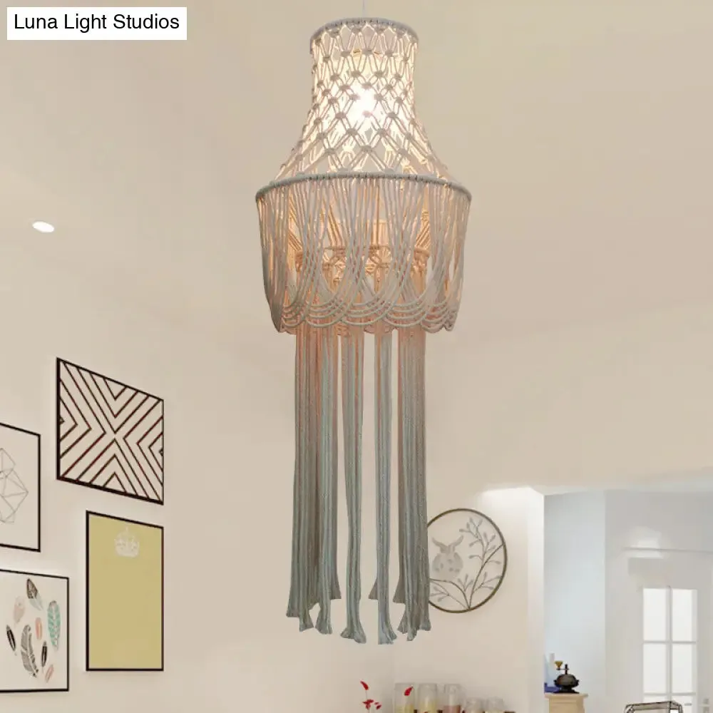 Traditional Beige Pendant Light with Hemp Rope Tassel Fringe - 1-Light Hanging Lamp Kit