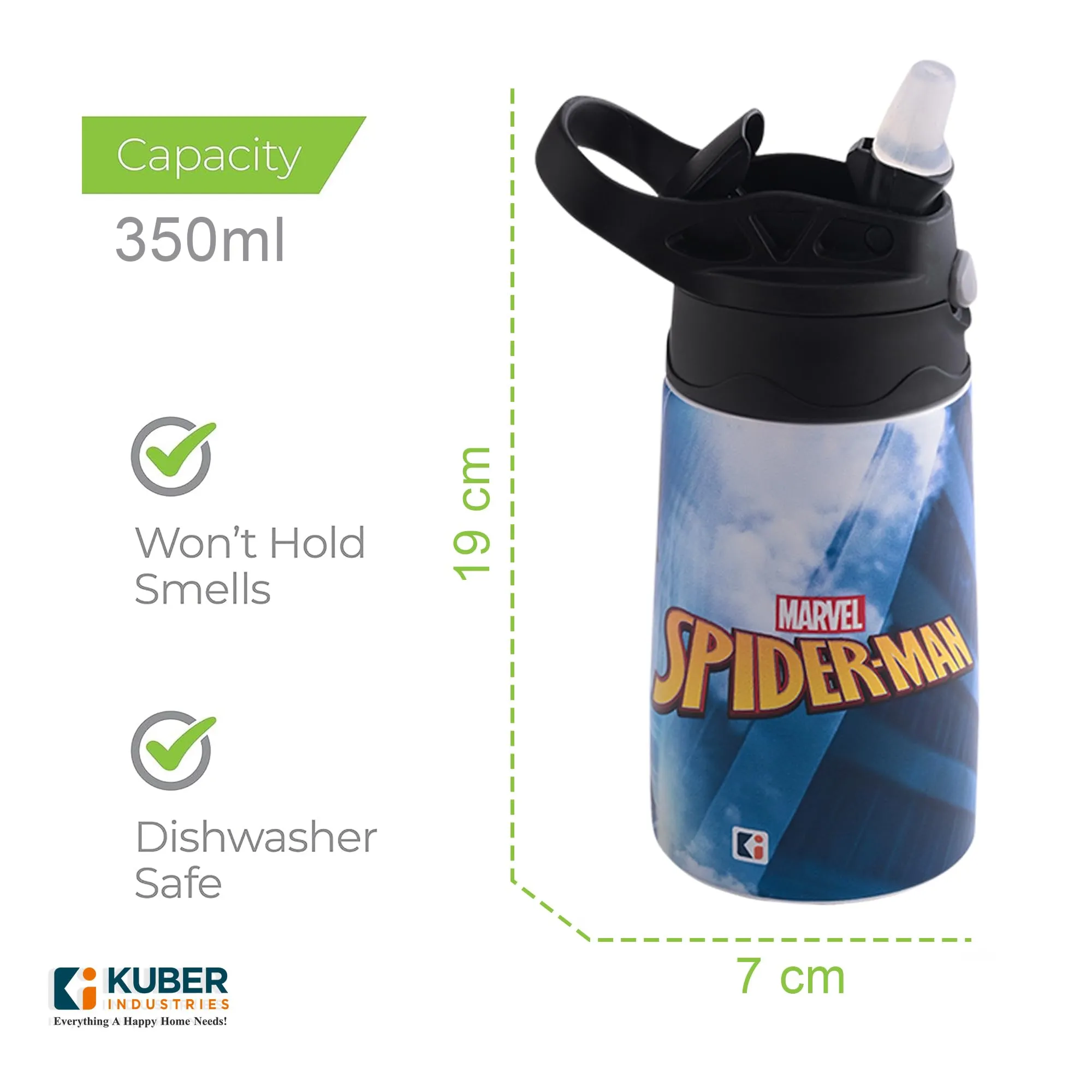 Urbane Home Stainless Steel Kids Water Bottle |Spiderman Kids Water Bottle | 350 ml Insulated Water Bottle | Water Bottle with Push-Button Flip Lid | Water Bottle For School | Red & Blue