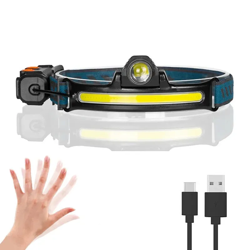 USB Rechargeable Induction Headlamp Zoom COB LED Head Lamp Built in Battery Flashlight Multifunction 6 Modes Head Torch