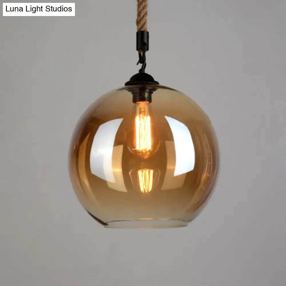 Vintage Industrial Mini Pendant Light with Amber Glass Globe Shade and Adjustable 39 Inch Hanging Hemp Rope