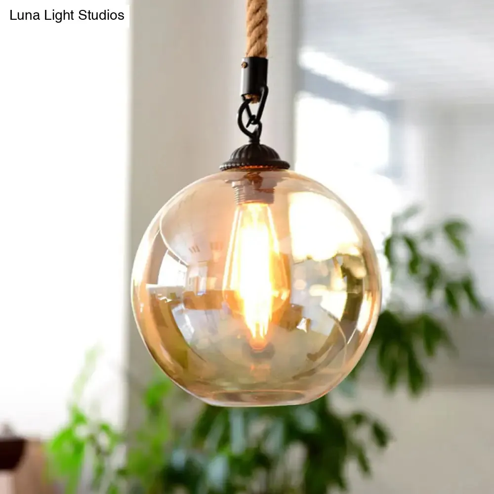 Vintage Industrial Mini Pendant Light with Amber Glass Globe Shade and Adjustable 39 Inch Hanging Hemp Rope