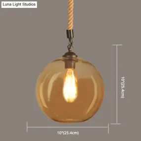 Vintage Industrial Mini Pendant Light with Amber Glass Globe Shade and Adjustable 39 Inch Hanging Hemp Rope