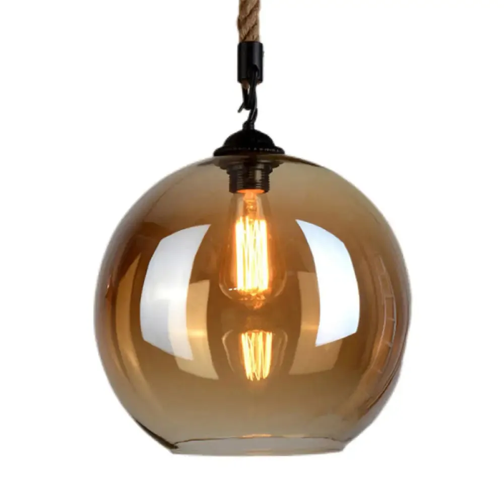 Vintage Industrial Mini Pendant Light with Amber Glass Globe Shade and Adjustable 39 Inch Hanging Hemp Rope