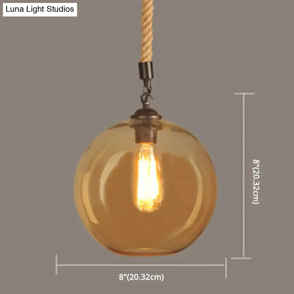 Vintage Industrial Mini Pendant Light with Amber Glass Globe Shade and Adjustable 39 Inch Hanging Hemp Rope