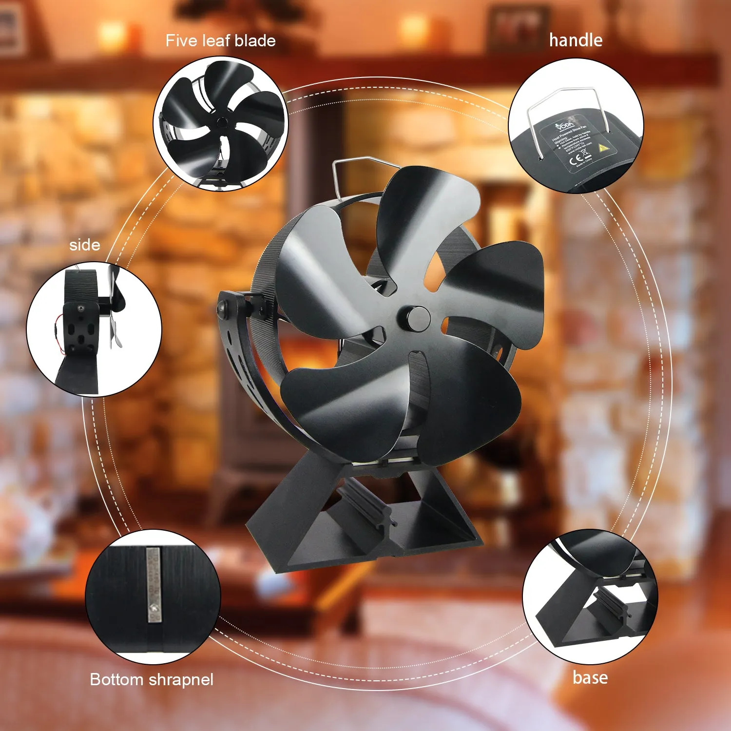 VODA Newly Designed 5 Blades Wood Stove Fan Heat Powered with 180°Adjustment Rotation